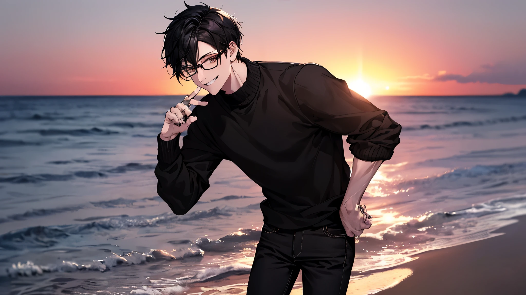 1 guy, Black jeans, black sweater top, press, thin, pale, rings on fingers, black nails, Glasses, Black hair, a little sporty, Glass eyes, portrait, cinematic lighting, Blur background, Best quality, Brown eyes, smiling, on the beach , Beautiful sunset sky, the forest, I'm standing next to a demon,