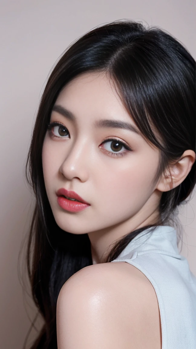 Hair、Delicate face、Sexy red lips,And the long eyelashes on the bright eyes,She has a slightly cold temperament