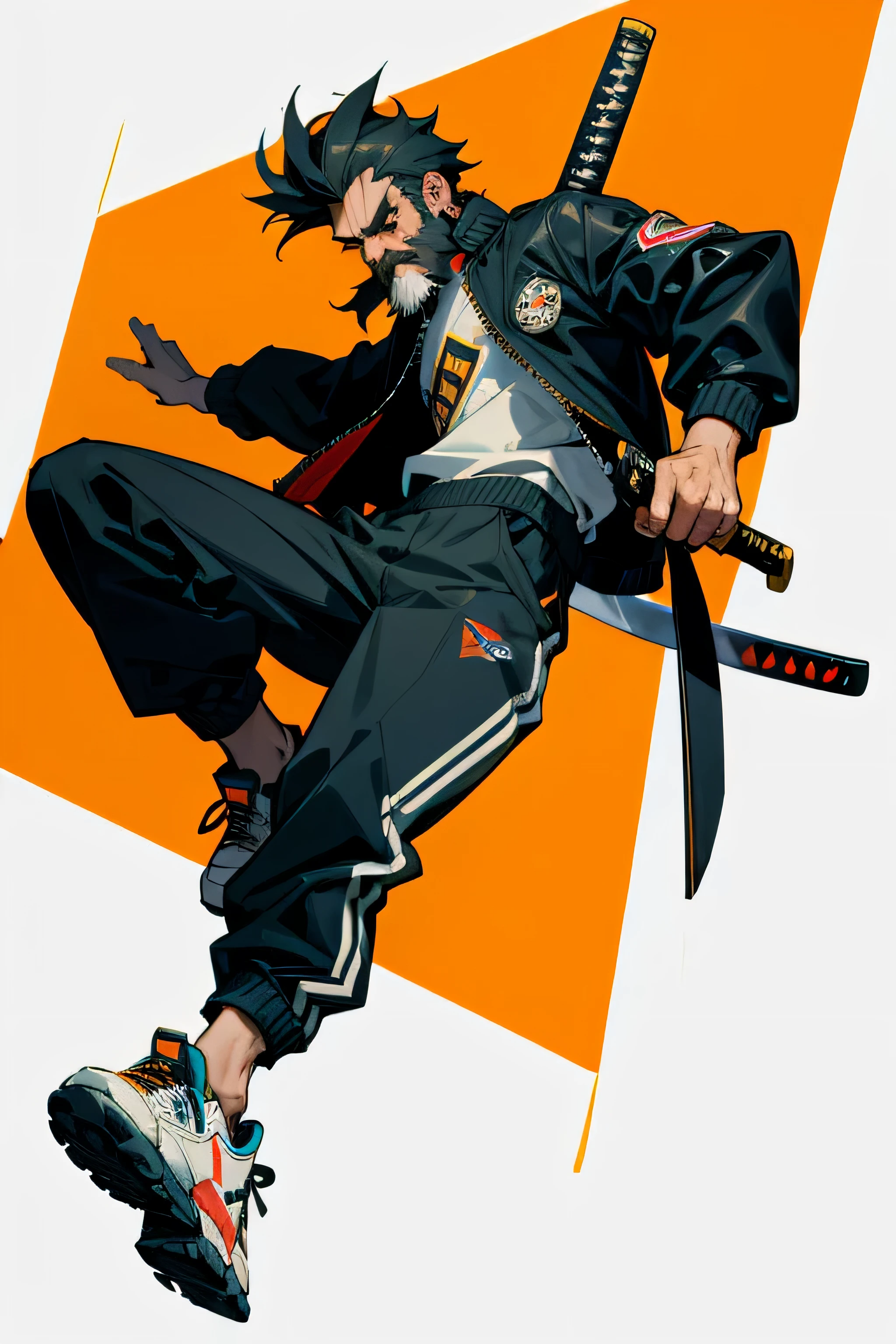 spanish man with beard and katana blade wearing a bomber jacket and sneakers