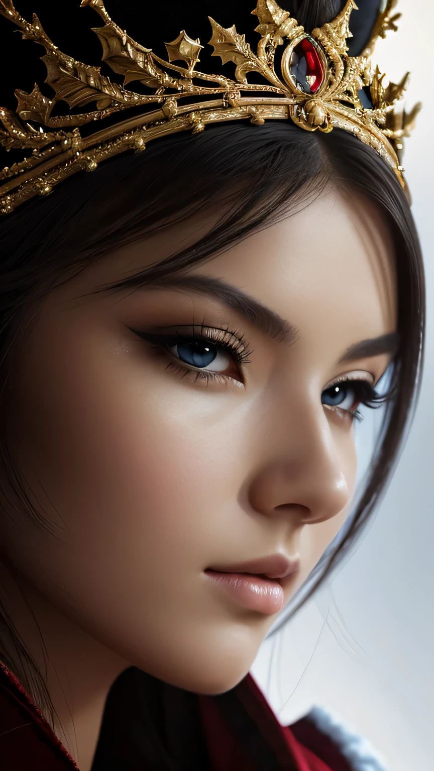 a beautiful empress portrait, blonde hair, Perfect black eyes, Brilliantly, Impossible impressive big Christmas headpiece, clothes Santa robes, everything Christmas, snow, symmetry, Drafoodic Studio Lighting, Rococo, baroque, vegetables, Asian, hyper realism, close, d&d, fantasy, Complex, elegant, very detailed, digital painting, art station, octane rendering, 8K, concept art, food, sharp focus, (((close up of face))), masterpiece, 最high quality, high quality, High resolution, ((black background))