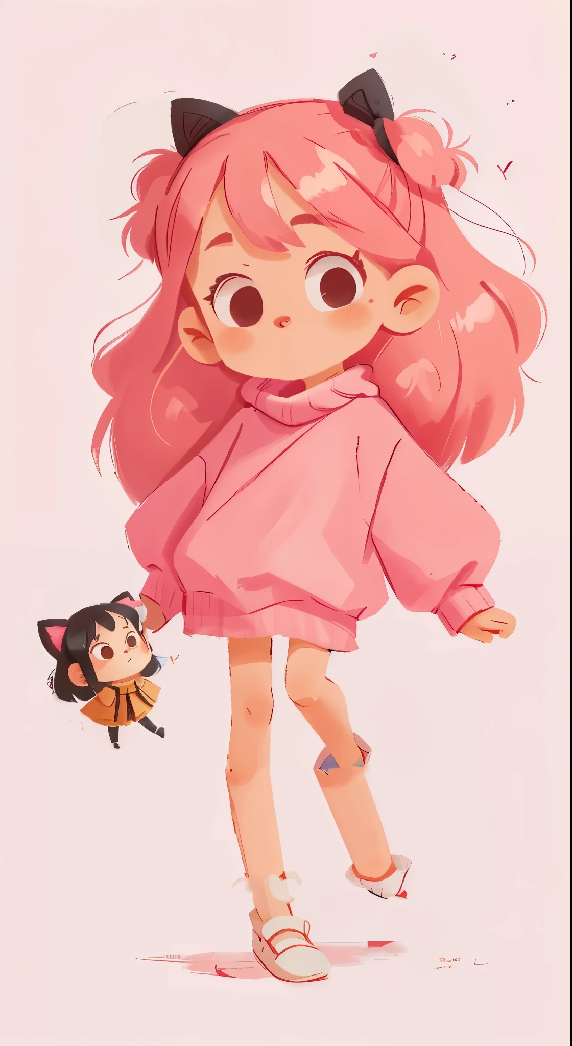 Remove hair tie，Change the hair color to black。The toy in hand is replaced by a slender ragdoll cat，Wearing a beige pleated skirt，Change shoes to white