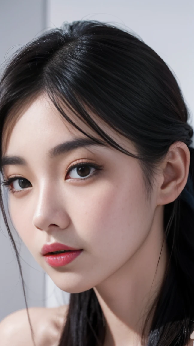 Hair、Delicate face、Sexy red lips,And the long eyelashes on the bright eyes,She has a slightly cold temperament