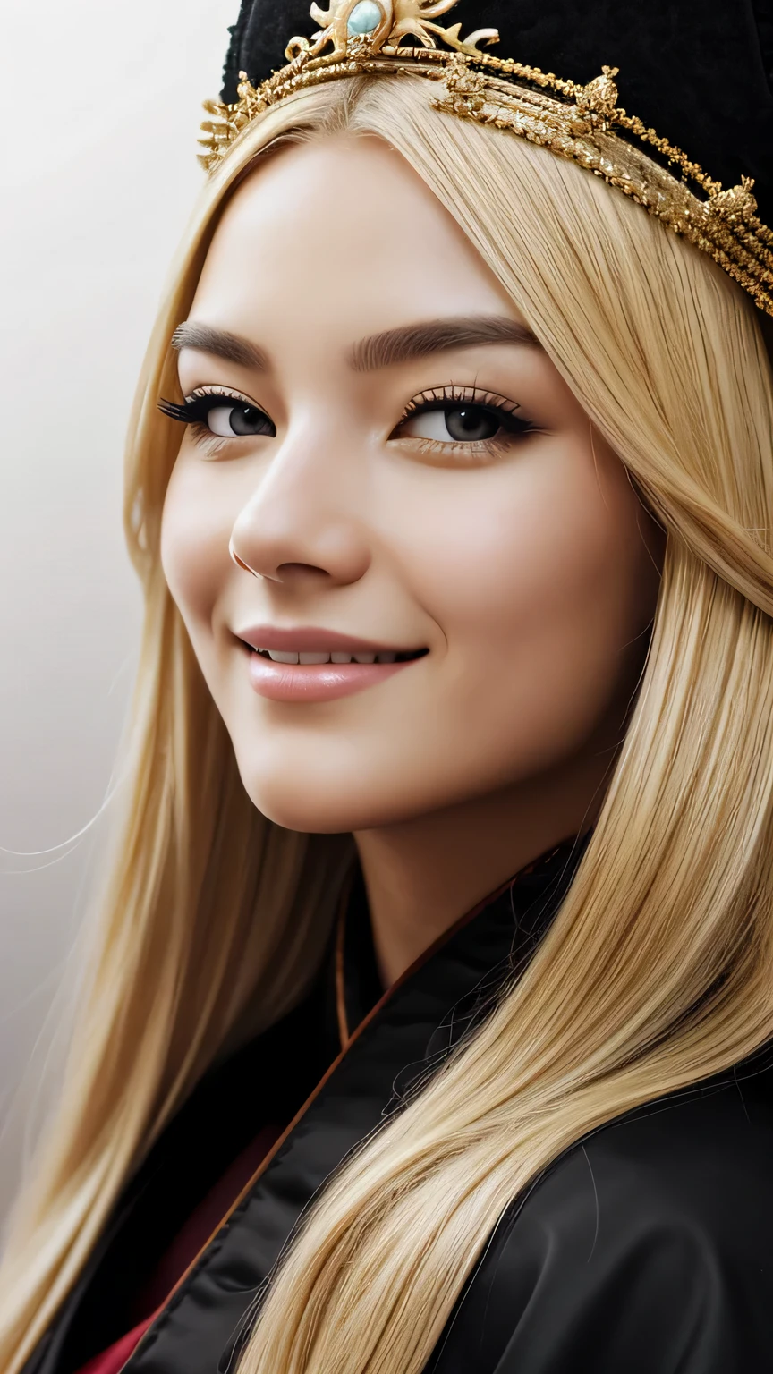 a beautiful empress portrait, blonde hair, Perfect black eyes, Brilliantly, Impossible impressive big Christmas headpiece, clothes Santa robes, everything Christmas, snow, symmetry, Drafoodic Studio Lighting, Rococo, baroque, vegetables, Asian, hyper realism, close, d&d, fantasy, Complex, elegant, very detailed, digital painting, art station, octane rendering, 8K, concept art, food, sharp focus, (((close up of face))), masterpiece, 最high quality, high quality, High resolution, ((black background))、smile