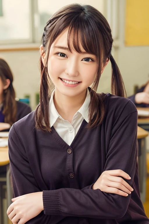 with a girl、1 person、black hair、Pigtails、black eye、hair length、bright smile、A big smile、student、uniform、cardigan、classroom、chatting、sit on a chair