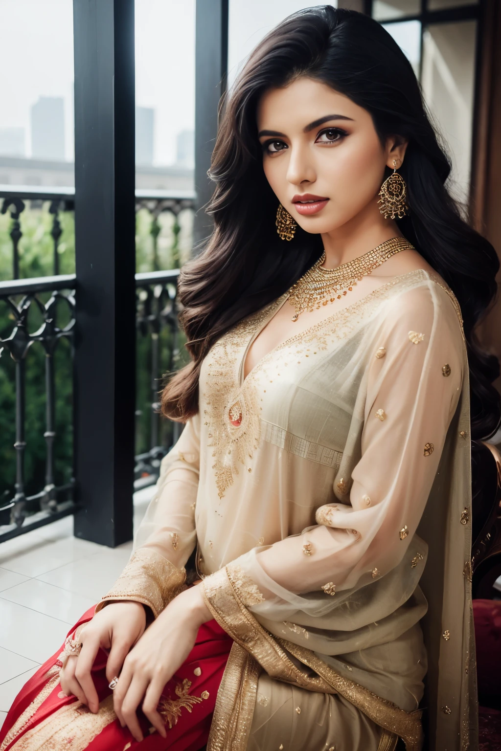 portrait of A confident-looking Bangladesh woman princess with long flowing hair, hazel eyes, wearing designer shalwar qameez and jewellery, visible c-cup breast sitting on royal garden, palace background, bokeh perfect composition, hyperrealistic, super detailed, 8k, high quality, trending art, trending on artstation, sharp focus, photo shoot, intricate details, highly detailed, art by greg rutkowski