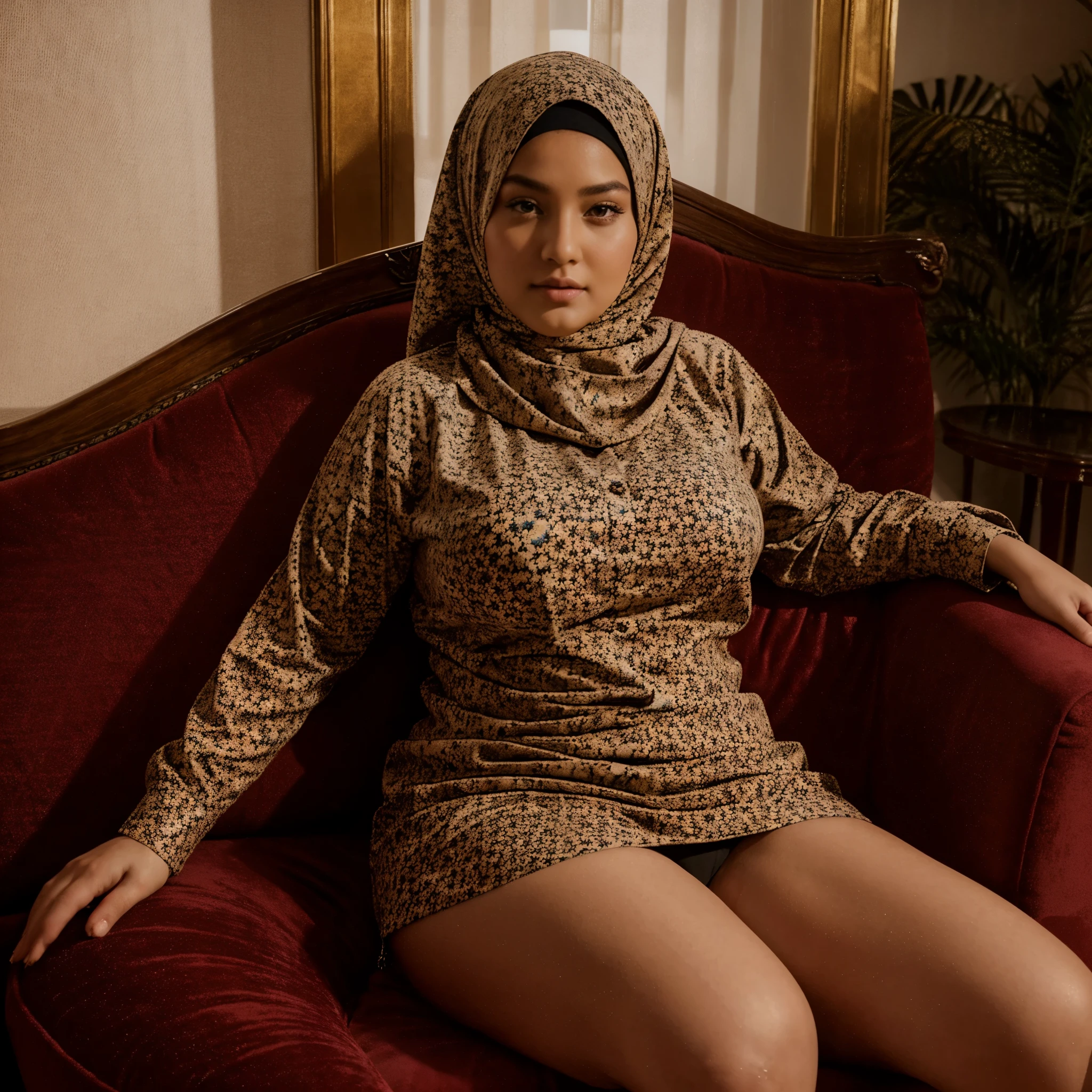 (aesthetic)A beautiful plus-sized woman in a hijab coloring sitting on an oriental sofa,(best quality,highres,ultra-detailed:1.2)