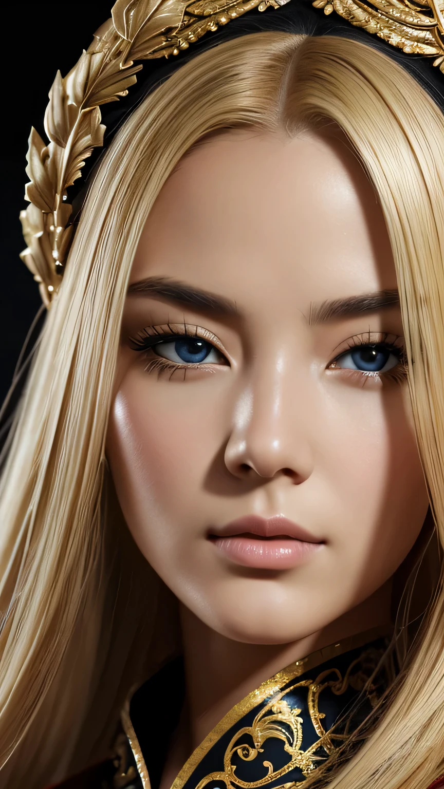 a beautiful empress portrait, blonde hair, Perfect black eyes, Brilliantly, Impossible impressive big Christmas headpiece, clothes Santa robes, everything Christmas, snow, symmetry, Drafoodic Studio Lighting, Rococo, baroque, vegetables, Asian, hyper realism, close, d&d, fantasy, Complex, elegant, very detailed, digital painting, art station, octane rendering, 8K, concept art, food, sharp focus, (((close up of face))), masterpiece, 最high quality, high quality, High resolution