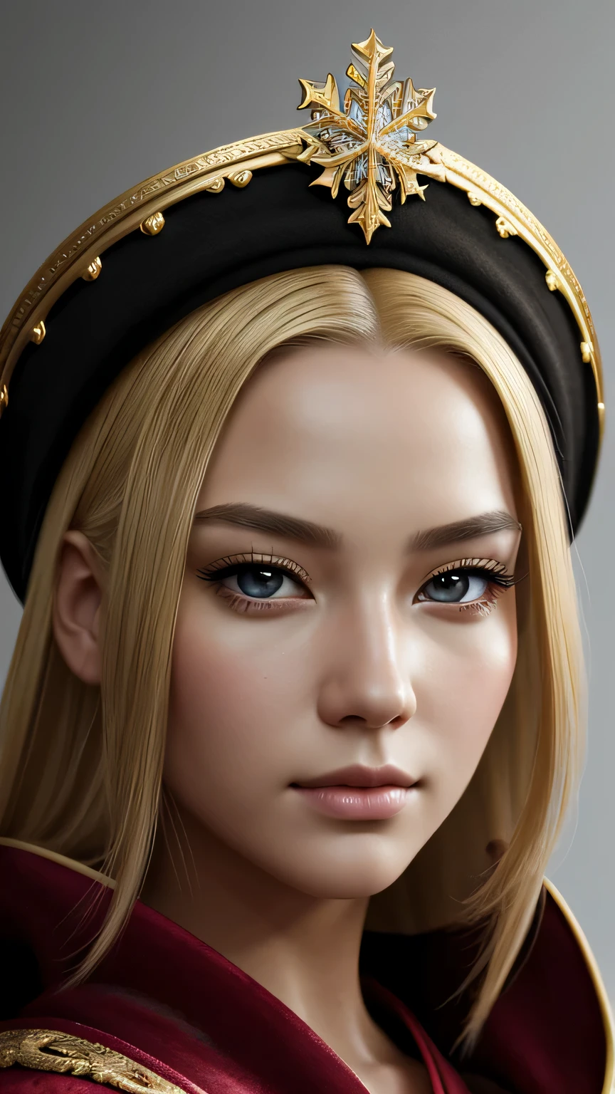 a beautiful empress portrait, blonde hair, Perfect black eyes, Brilliantly, Impossible impressive big Christmas headpiece, clothes Santa robes, everything Christmas, snow, symmetry, Drafoodic Studio Lighting, Rococo, baroque, vegetables, Asian, hyper realism, close, d&d, fantasy, Complex, elegant, very detailed, digital painting, art station, octane rendering, 8K, concept art, food, sharp focus, (((close up of face))), masterpiece, 最high quality, high quality, High resolution