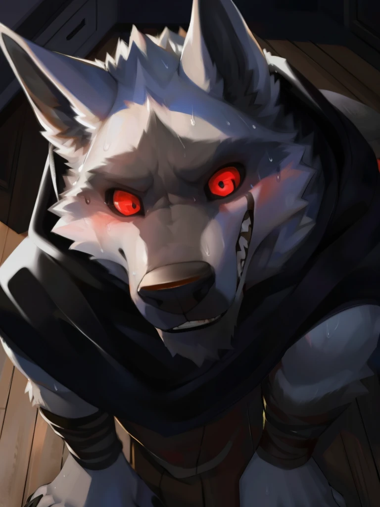 deathwolf, 1boy, solo, colored sclera, red eyes, black cloak, white fur, full body, anthro, (worried expression), high angle, up close to camera, eye contact, looking at camera, knocked down, sitting on floor, bloody, bruised, beat up, trembling, tears in eyes, masochist, exhausted, worried, painful, pained expression, pain, submissive, scary, hit marks on face, scratches, weak, shaking, extreme pain, bloody nose, male, muscular, muscular anthro, (sweat:1.4), muscular male, aged up, hi res, (bottomwear:1.2), 8k hd, extreme detail, detailed background, bedroom, wooden floor, rustic, dark, night, no lights, lights off, cold lighting, moonlit, indoors, by Pino Daeni, (by ruaidri), by virtyalfobo