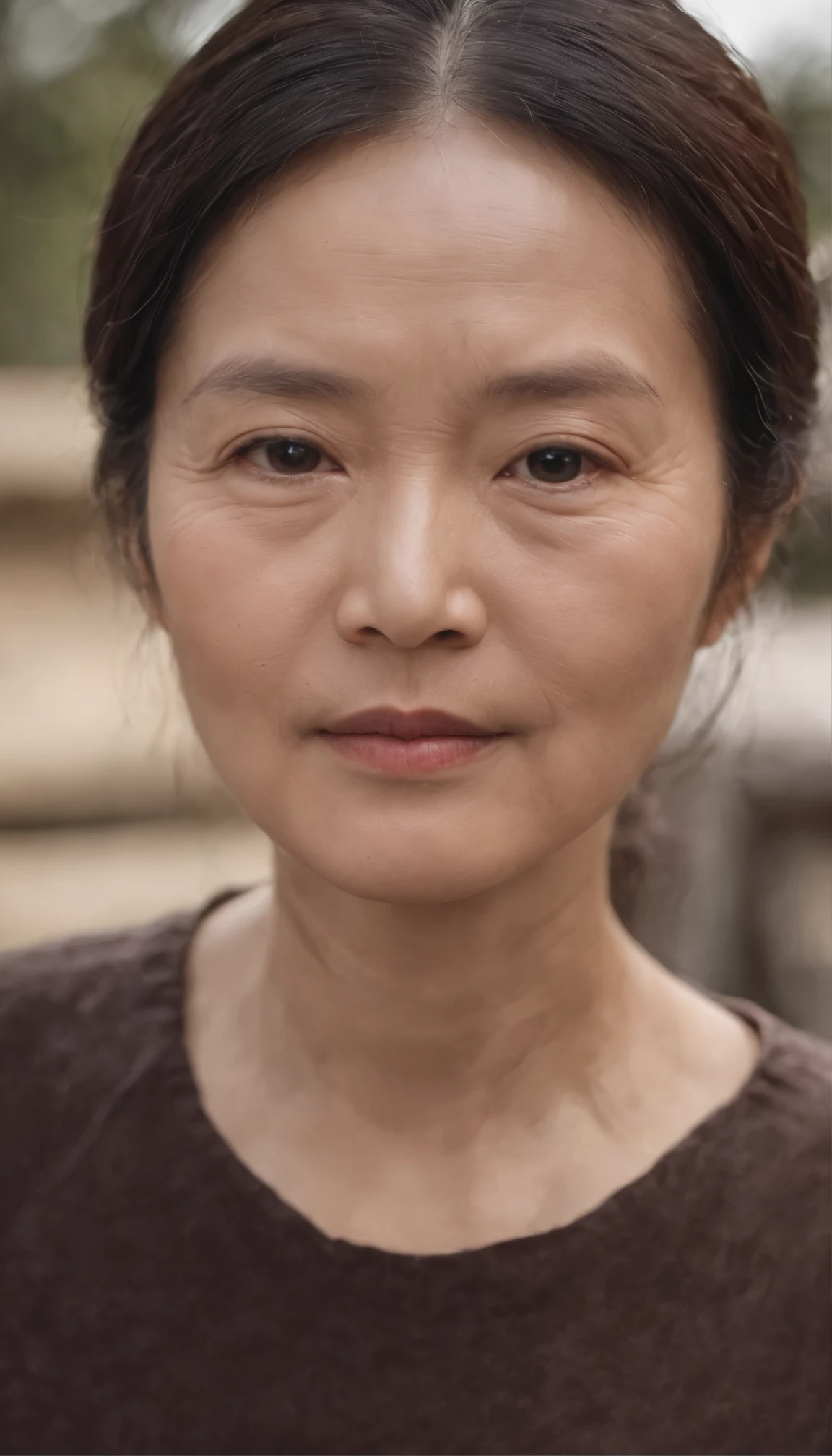 Half-body display,front,center,ID photo,A lot of wrinkles on the face,A 48-year-old Chinese woman,Wearing round neck clothes
