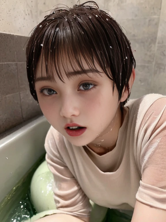 ((top-quality)),(​masterpiece:1.4),Raw photography,8K,((Top image quality)),((hight resolution)),Beautiful face in every detail,Realistic human skin,Gentle expression,(One lady:1.3 ),realisitic,Photorealsitic,(extra very short hair:1.4),(Beautuful Women),(cute Japanese girls),(boyish:1.3),(mannish),((Pretty Woman)),(Beautiful hair),((dark brown hair)),(((Red cheeks))),((Her eyes are big)),20-year-old beauty,(her face is small:1.7),small head,((long neck)),pale skin,Spot-free skin,With bangs,Everyone longs for,japanese beautiful woman,(lying ,in the bath ,)(((skinny body ,Sweat ,wet))), (hand between legs , crotch grab ,Spread legs, Water spills from  hip, open_mouth ,edgy ,drooling ,face focus ),look at viewer