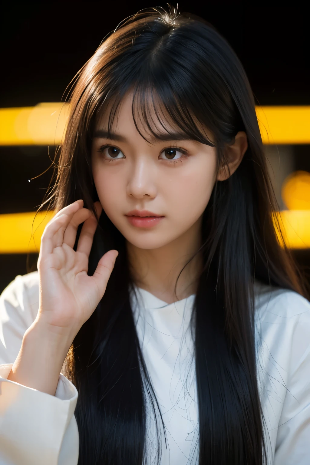 ((crying)), tears, embarrassed, blush):1.1), look at camera, close up, potrait, masterpiece, school, Best quality at best, high qulity, OLGA_mary, black hair, long hair, hair between eye,Very long hair, black background, yellow light rim