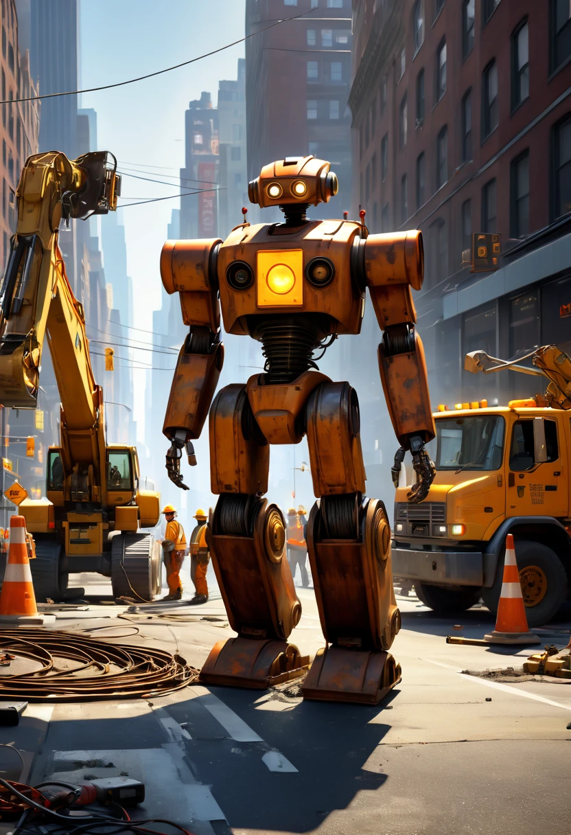 A rusty, semi-broken robot surrounded by busy road workers holding their equipment in the sunlight on a New York-themed street with a bustling road in the background. Volume lighting, hyper-realistic details, intertwined wires and circuits on the street where construction workers are paving the way. Miners' helmets with lights in the draining, sunken environment, an environment that is both rusty and beautiful.
