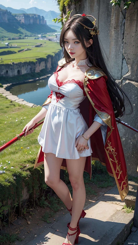 Woman in red silver dress, ((run)), Escape the monsters, Immersive art station, ศิลปะFantasyที่มีรายละเอียด, Amazing character art, Excellent and neat character art, beautiful armor, very detailed, red armor girl, Exquisite headdresses and ornaments, (best quality, 10, Masterpiece :1.3), (realistic, ภาพrealistic: 1.37), (1 girl), (Beautiful women between the ages of 18-20), (thin), (Focus on the slender abdomen.. :1.3), (Korea), (Pastel colored leather dress, Long red leather cloak, Long red leather cloak, Show your arms and shoulders., white leather skirt, short leather skirt, Emphasize her legs., High groove,), (รองเท้าHeel Height), (Random pose), Huge breasts, exposed cleavage, ((dark brown hair, long hair)), exquisite face, Open the show, Fantasy, Slender figure, Very smooth face, Good eyes, Double eyelids, (long hair, Random hairstyles), (big girl :1.3), (outdoor), (Extraordinarily detailed face), (Detailed eyes), (Double eyelids), (Eyeshadow makes eyelashes look thicker.......), obscure, (Long legs, Heel Height), (((Whole body))), (professional lighting), (Photon mapping), (Radiation), red armor girl, silver armor girl, ((Big Sword)), (Look directly at the audience.....), cliff scene, mountain, cave mouth, stone, Dungeon