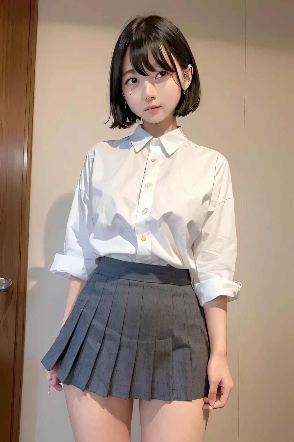 (narrow eyes:1.4), frontal shot , From the middle , (black eye), (japanese woman), 1 girl, (very small eyes:1.4), very beautiful 17 year old girl, beautiful breasts:1.5, (highly detailed eyes:1.2), (beautiful breasts:1.1), short hair, bangs, (thick legs, huge hips, thick thighs), perfect skin, Fair skin, tight waist, light blush, alone, looking at the viewer, (Are crying:1.2), (shed tears:1.4), (white shirt)dark dark gray pleated skirt)