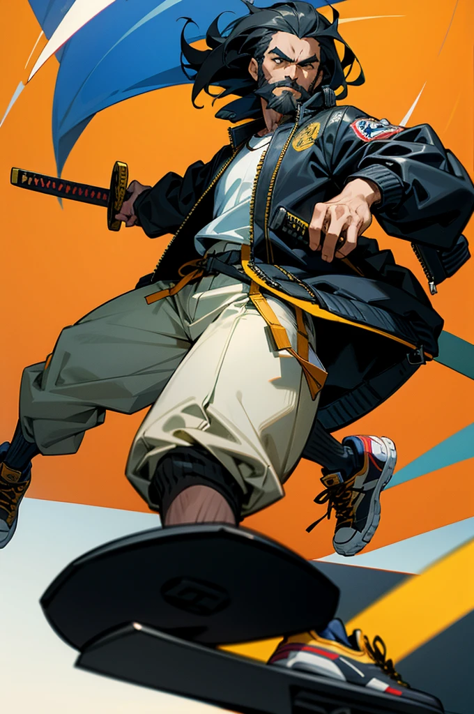 spanish man with beard and katana blade wearing a bomber jacket and sneakers