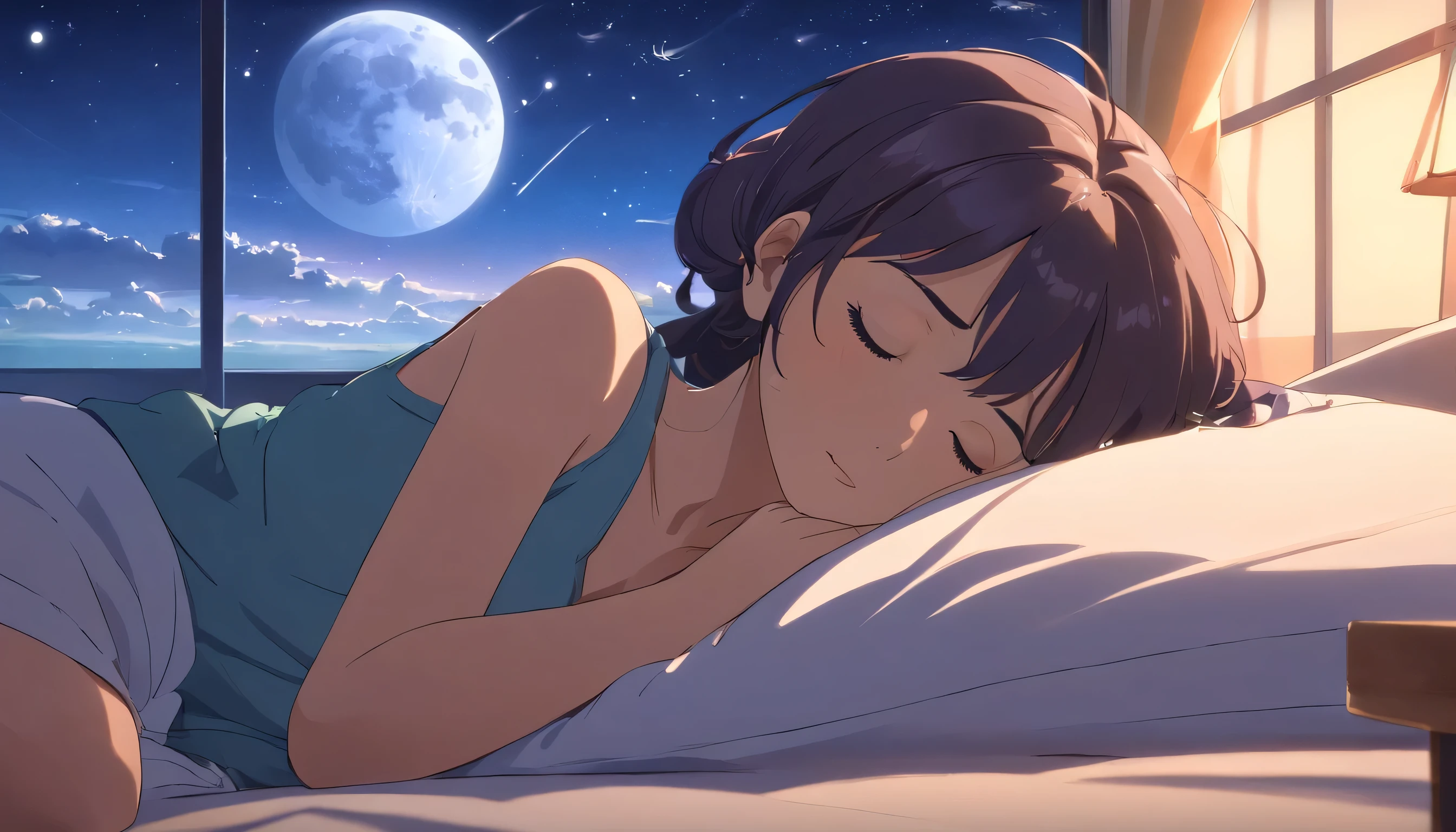 (masterpiece) a girl (Miss) lying in bed sleeping, In her bed, wearing headphones, A window showing the moon and stars, calm, peaceful, thinking, normal, color grading, Nice color coding,