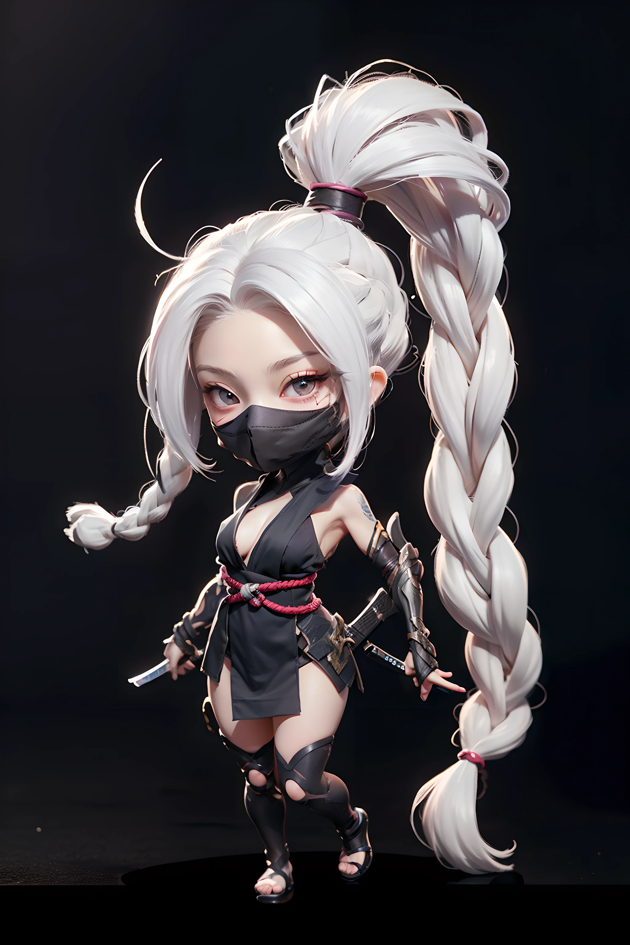 solo, white hair, long hair, small breasts, , jewelry, very long hair, ponytail, braid, mask, covered mouth, ninja, ninja mask, 1girl,in the dark, anime ((chibi)), cute