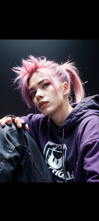 Man. Pink hair in ponytail. purple eyes. Scar over right eye. masculine. Black hoodie over white tshirt. Black ripped jeans.