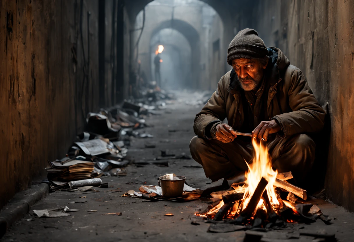 (a beggar warming himself with a bonfire:1.1), [underground tunnel], (realistic:1.37), (best quality,4k,8k,highres,masterpiece:1.2), [mysterious atmosphere], [dimly lit], [cracked walls], [damp floor], [flickering shadows], [smoke rising from the fire], [resolute expression], [tattered clothing], [wrinkled hands], [charred wood], [embers glowing], [subtle warmth], [abandoned belongings], [fragments of broken glass], [cold breeze], [graffiti-covered walls], [faint echoes], [subterranean solitude], [distant footsteps], [crumbling ceiling], [stacks of cardboard], [piles of newspapers], [forgotten treasures], [sheltered from the world], [gritty urban setting], [desolate beauty], [survival against the odds], [hope in the darkness], [contrast of light and shadow], [symbol of resilience], [harsh realities], [unseen stories], [humanity's struggle], [a glimpse of compassion].