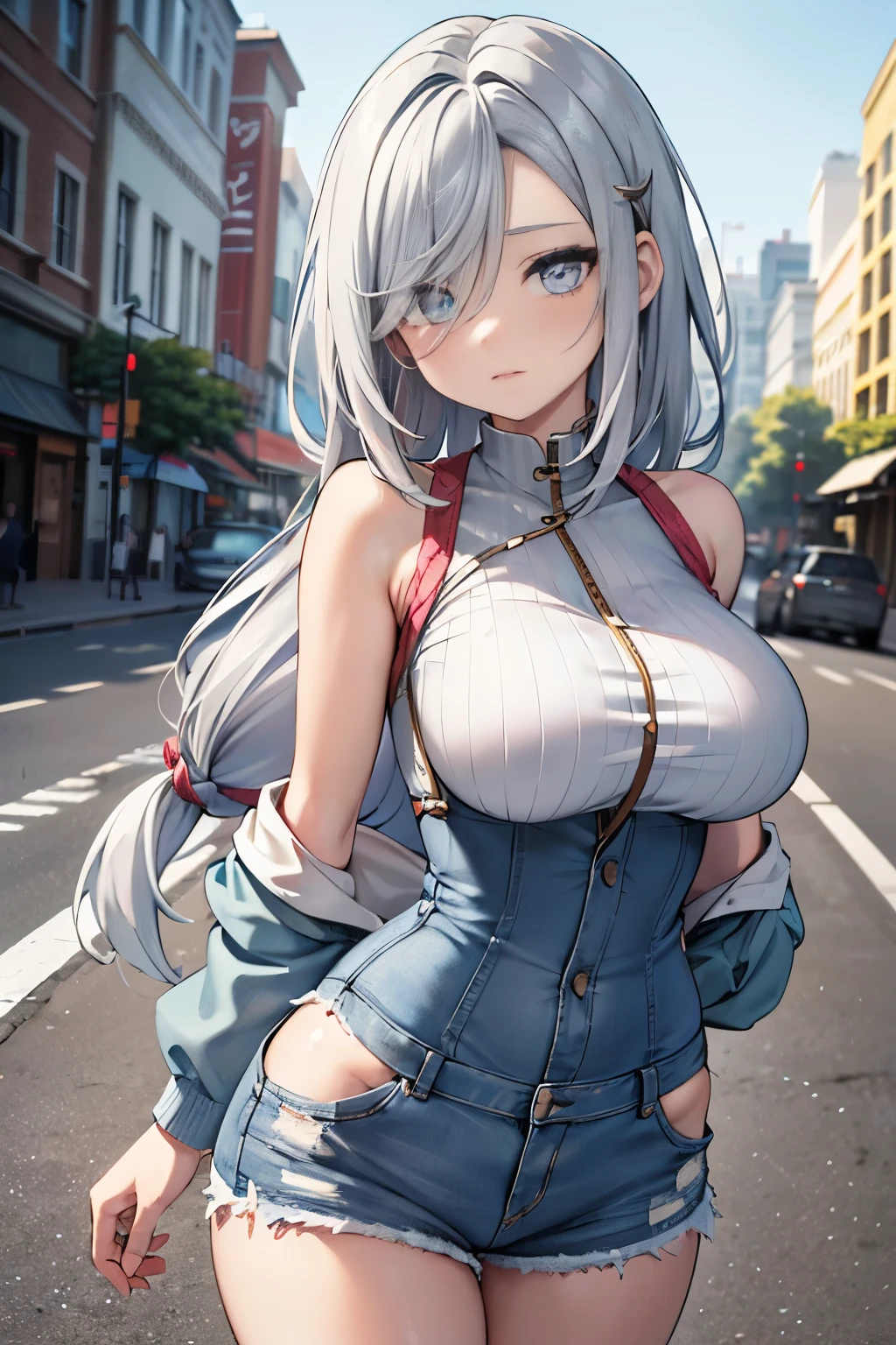 ShenheV4, (Shenhe wearing denim jacket), white top, denim shorts, (solo:1.1), (mature woman:1.2), beautiful face, (detailed eyes), symmetric eyes, (thin lips), (long hair, grey hair, braid, hair over one eye, hair ornament), (beautiful round breasts), voluptuous body, abs, bare belly, slim waist, (masterpiece, best qualty), soft ambient lighting, standing, front view, city street background, road, buildings, vivid colors, sunny day, blue sky, looking at the viewer, slim waist, HD, 8K, vivid colors, intricate, (absurdres:1.2), bokeh, blurry_background, 
sharp focus, ((detailed face)), facial details, (pov thighs)