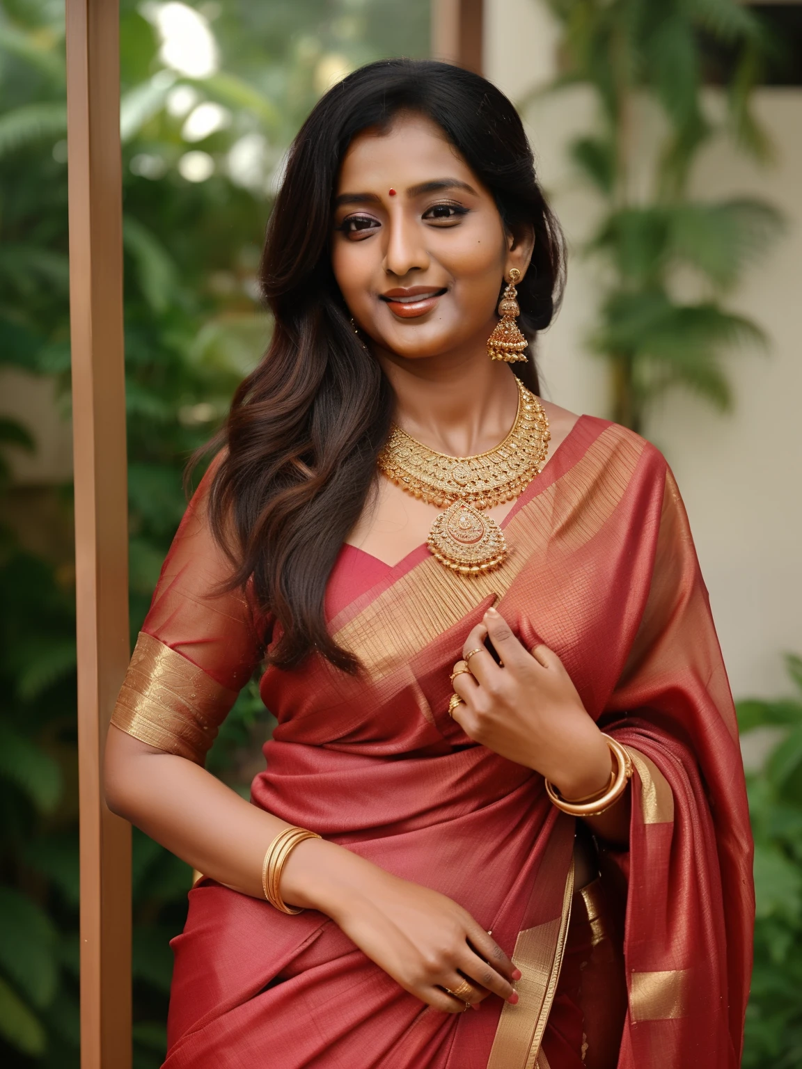 anusha hot in sari sari sari sari sari sari sari sari sari sari sari sar, traditional beauty, wearing elegant jewellery, wearing gold jewellery, traditional female hairstyles, indian girl with brown skin, jayison devadas, very beautiful enga style, indian style, indian, jayison devadas style, with an elegant smile, traditional makeup, sari, dressed in a sari