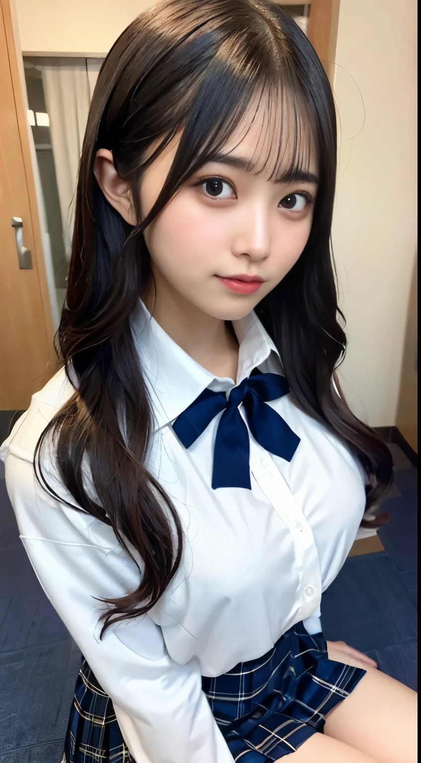 (masterpiece, best quality),
1girl, sitting, seiza, from below, lower body, hands on thights, pov, centered, knees together, leaning back,
BREAK girl, black hair, medium long hair, (straight hair:1.1), (braid:0.8), black eyes, ultra detailed eyes, (huge breasts:1.1), hanging breasts, (tareme:1.3),
frown, one eye closed, clenched teeth, half-closed eyes, sweat, blush, closed mouth,
BREAK school uniform, (white collared shirt:1.3), long sleeves, red neck ribbon, (unbuttoned cardigan:1), beige cardigan,
BREAK (blue checked skirt:1.1),
BREAK on floor 