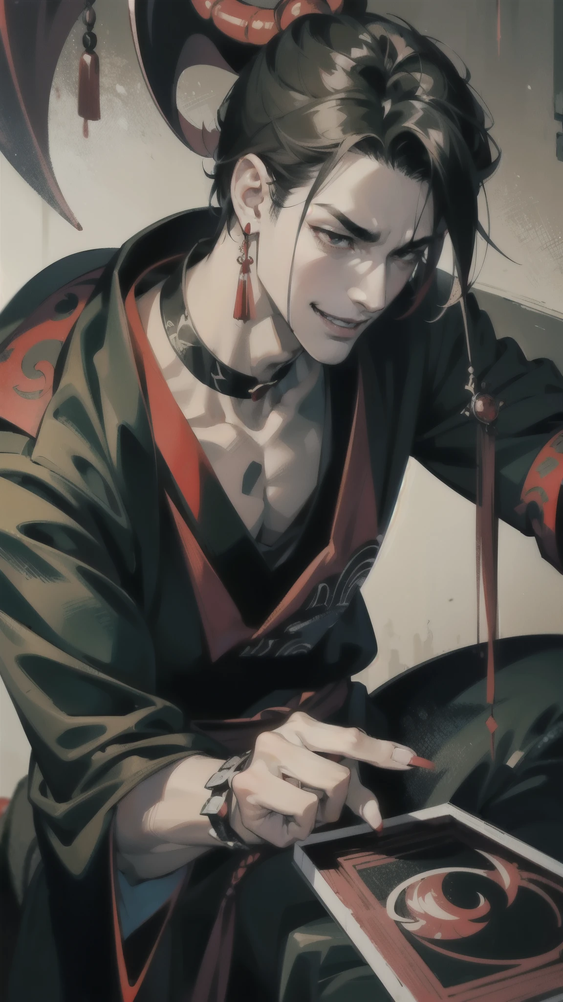 1 man, 38 years old, 210 cm height, Japanese, black disheveled hair, scarlet eyes, big maniacal smile, red nails, rectangular earrings in the form of talismans, red and black bracelet, black shirt with blood lilies print, Devil's smile, blood