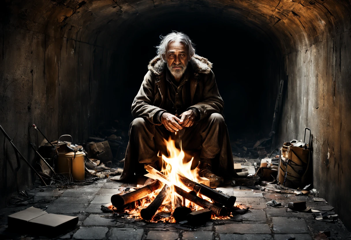 (a beggar warming himself with a bonfire:1.1), [underground tunnel], (realistic:1.37), (best quality,4k,8k,highres,masterpiece:1.2), [mysterious atmosphere], [dimly lit], [cracked walls], [damp floor], [flickering shadows], [smoke rising from the fire], [resolute expression], [tattered clothing], [wrinkled hands], [charred wood], [embers glowing], [subtle warmth], [abandoned belongings], [fragments of broken glass], [cold breeze], [graffiti-covered walls], [faint echoes], [subterranean solitude], [distant footsteps], [crumbling ceiling], [stacks of cardboard], [piles of newspapers], [forgotten treasures], [sheltered from the world], [gritty urban setting], [desolate beauty], [survival against the odds], [hope in the darkness], [contrast of light and shadow], [symbol of resilience], [harsh realities], [unseen stories], [humanity's struggle], [a glimpse of compassion].Tolkien-style magical atmosphere.