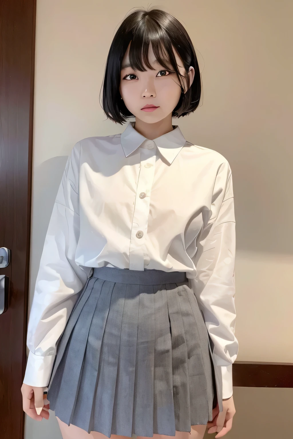 (narrow eyes:1.4), frontal shot , From the middle , (black eye), (japanese woman), 1 girl, (very small eyes:1.4), very beautiful 17 year old girl, beautiful breasts:1.5, (highly detailed eyes:1.2), (beautiful breasts:1.1), short hair, bangs, (thick legs, huge hips, thick thighs), big breasts, perfect skin, Fair skin, tight waist, light blush, alone, looking at the viewer, (Are crying:1.2), (shed tears:1.4), (white shirt)dark dark gray pleated skirt)
