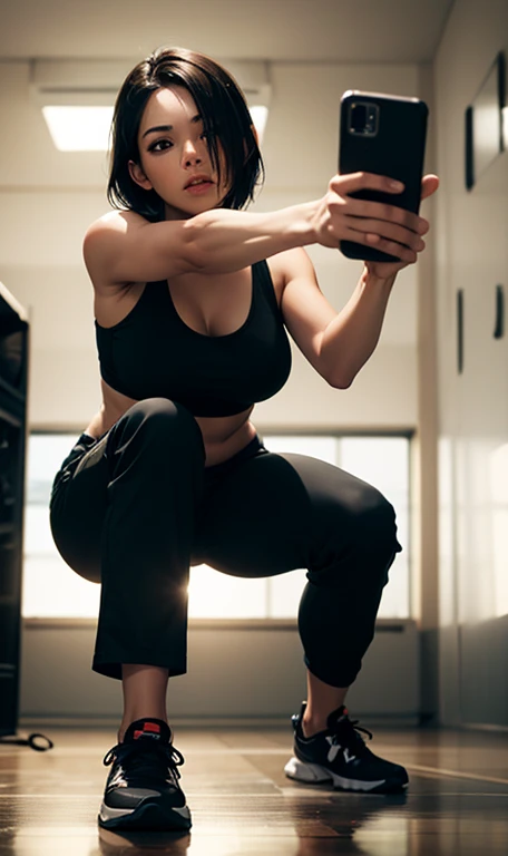 A fierce (female agent )1.2 in a kneeling position, wearing (black cargo pants)1.4, (black tank top)1.2, (obscured face)1.3, analog style nofilter selfie, posing in an (indoor training area)1.2, (backlit)1.2, (film grain)1.2, cinematic movie still frame, black sneakers with white soles, various equipment in the background.