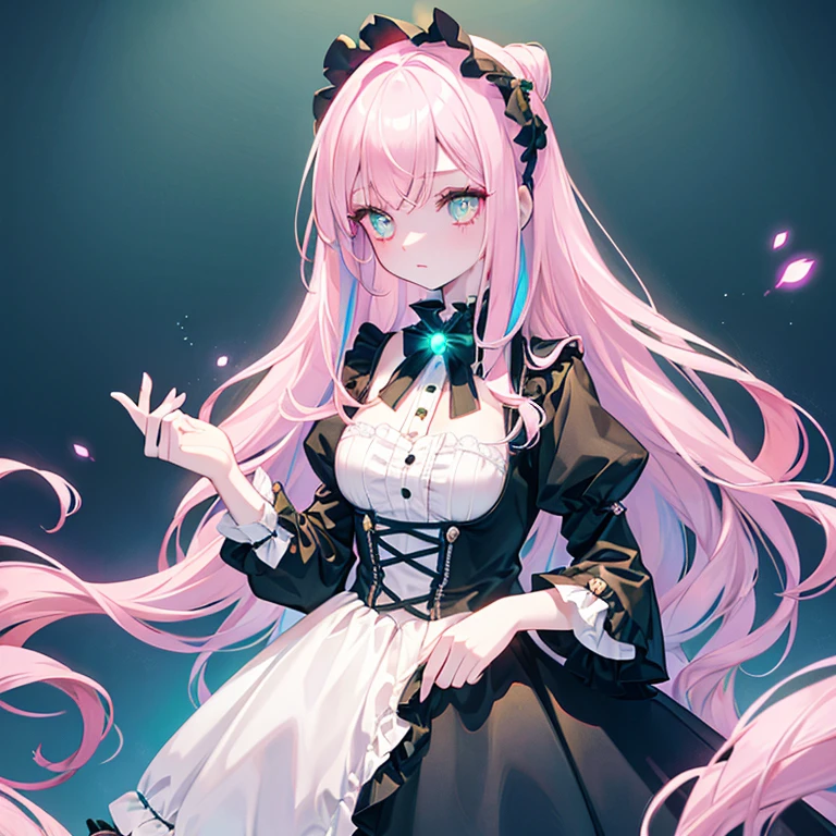 shocked animatronic doll in gothic make up with white skin long Pink hairs with Blue Highlights and glowing Green eyes wearing gothic clothes looking at her body there are some traces of magic floating around her she is in a bedroom