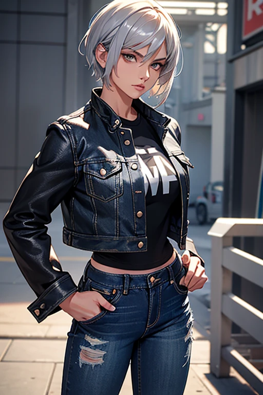 20th generation women,muscular,silver hair,very short hair,tanned skin,Black denim jacket,Black denim pants