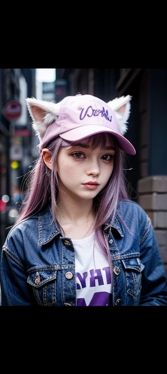 Girl. purple hair. Pink eyes. Purple shirt. Pale blue jean shorts. Purple cat eared hat. Sweet. happy