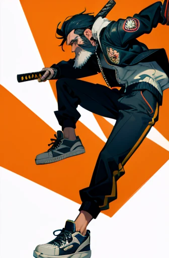 spanish man with beard and katana blade wearing a bomber jacket and sneakers