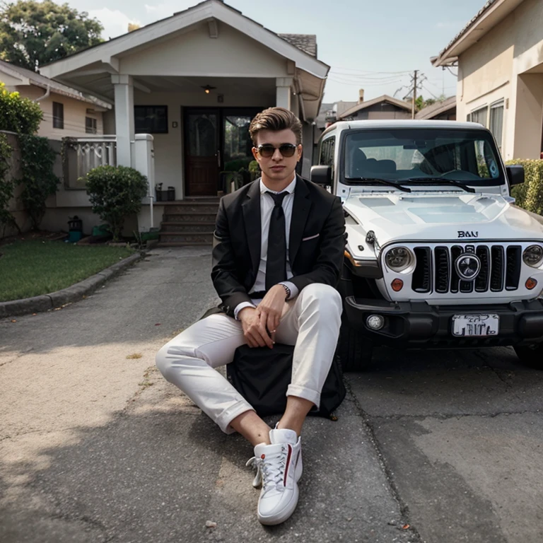 Create a 3D illustration featuring a handsome realistic 20 year-old beautiful young boy white iphone holding in hand on a Wingback chair, wearing sneakers, beautiful hair style, white and black dressing with red tie, and sunglasses, he looks ahead. The background AMG black Jeep, add my name on the number plates "RJ RIDOY". with two security guard in my background With security dressing, money bag is lying on the ground in front of me, A white and red bungalow behind the jeep

