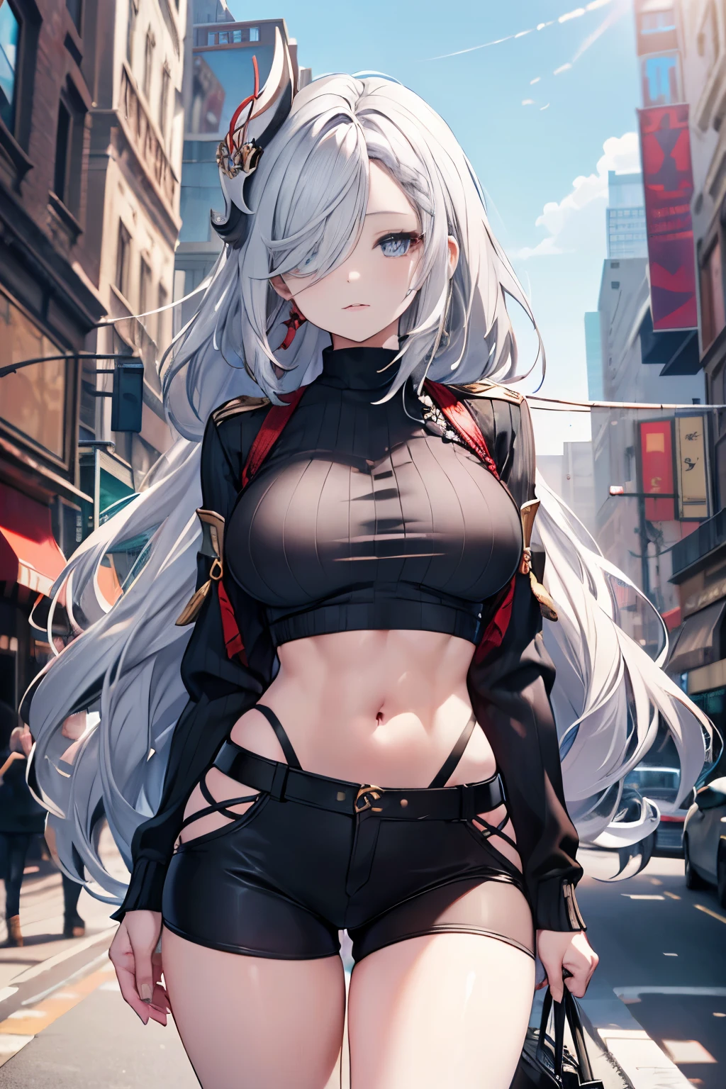 ShenheV4, (Shenhe wearing sweater), woolen sweater, (solo:1.1), (mature woman:1.2), beautiful face, (detailed eyes), symmetric eyes, (thin lips), (long hair, grey hair, braid, hair over one eye, hair ornament), (beautiful round breasts), voluptuous body, abs, bare belly, slim waist, (masterpiece, best qualty), soft ambient lighting, standing, front view, city street background, buildings, new york, vivid colors, sunny day, blue sky, looking at the viewer, slim waist, HD, 8K, vivid colors, intricate, (absurdres:1.2), blurry_background, bokeh, (sharp focus) ((detailed face)), facial details, (pov thighs)