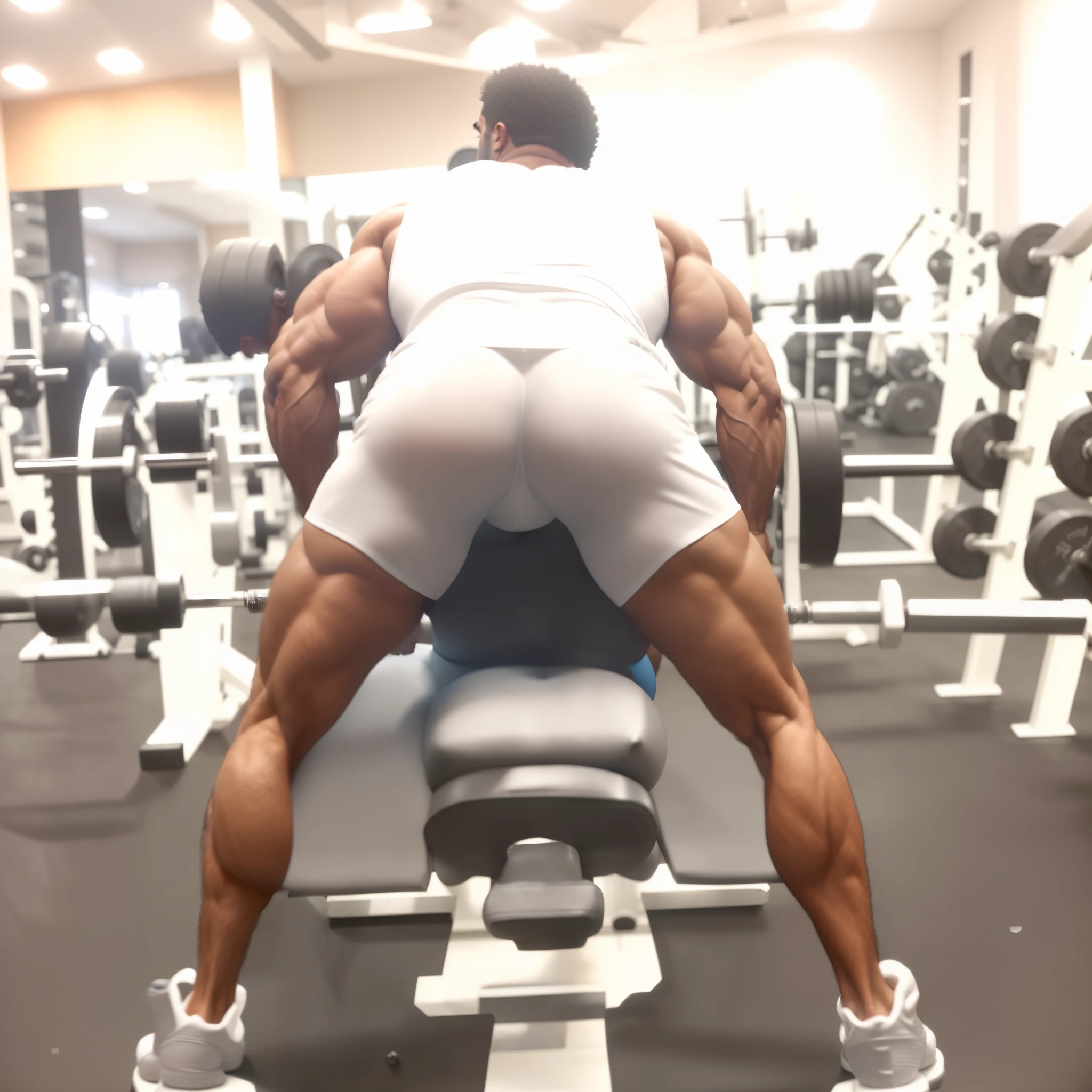 arafed man in white shorts doing a bench press in a gym, in a gym, working out, toned derriere, squatting, thighs!!!!!!, largest haunches ever, thicc, bending over, thighs!!!, in a planet fitness, chest legs, insanely inflated hips, local gym, muscular thighs, massive wide trunk, lower body