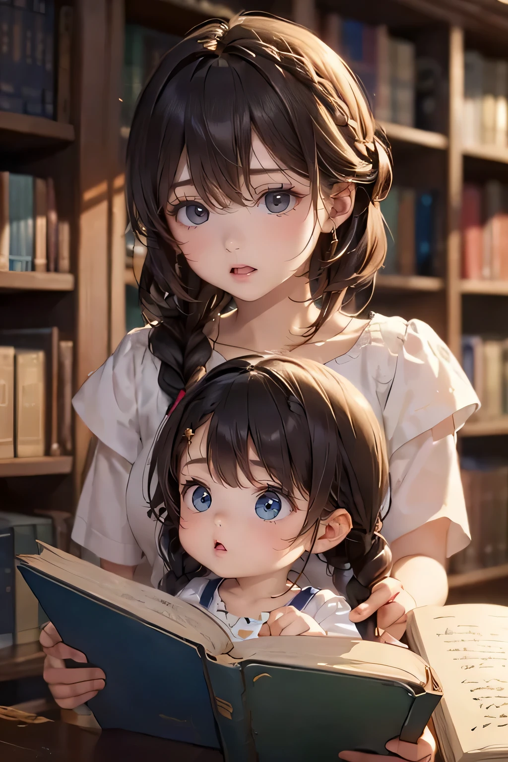 drooping eyes, ((forcus: baby hairs at the nape, braided hair)), reading thick book in the library,
