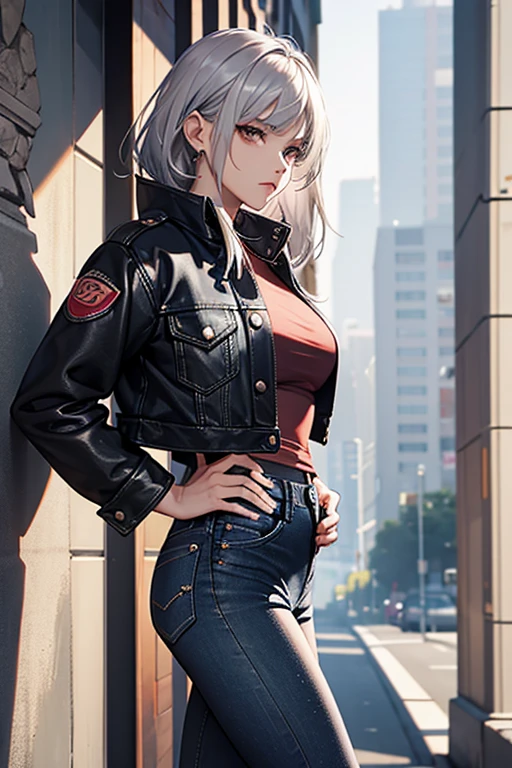 20th generation women,muscular,silver hair,Berry Short,brown skin,Black denim jacket,Black denim pants