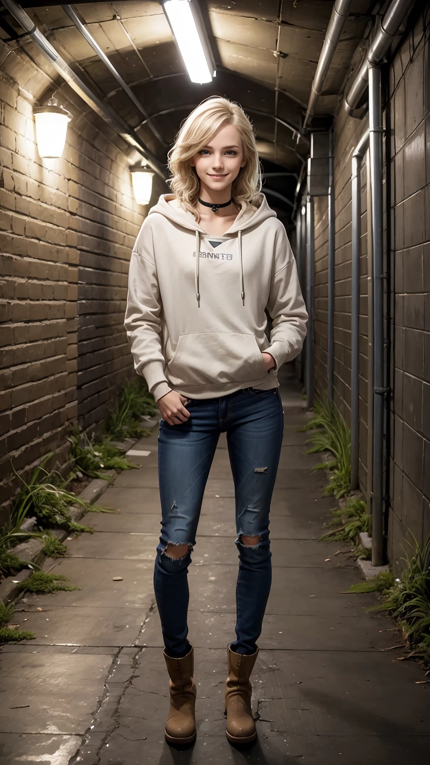 25-year-old Caucasian woman、platinum blonde、blue eyes、semi-long、my hair is wavy、Hair is tied up、accessories on the wrist、wearing a choker、smile、Tall and slender, with a well-proportioned, slender, muscular body、I don't want my head to disappear from the screen.、Wearing a hoodie and covering the hood、He is wearing skinny jeans and has his hands in his pockets.、smile、I'm wearing short boots、I'm in an underground passage with exposed concrete at night.