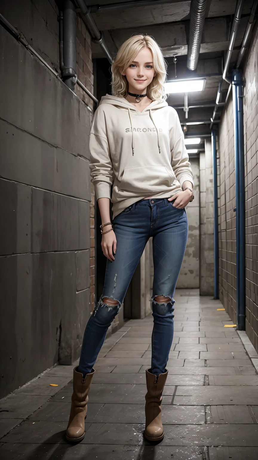 25-year-old Caucasian woman、platinum blonde、blue eyes、semi-long、my hair is wavy、Hair is tied up、accessories on the wrist、wearing a choker、smile、Tall and slender, with a well-proportioned, slender, muscular body、I don&#39;t want my head to disappear from the screen.、Wearing a hoodie and covering the hood、He is wearing skinny jeans and has his hands in his pockets.、smile、I&#39;m wearing short boots、I&#39;m in an underground passage with exposed concrete at night.