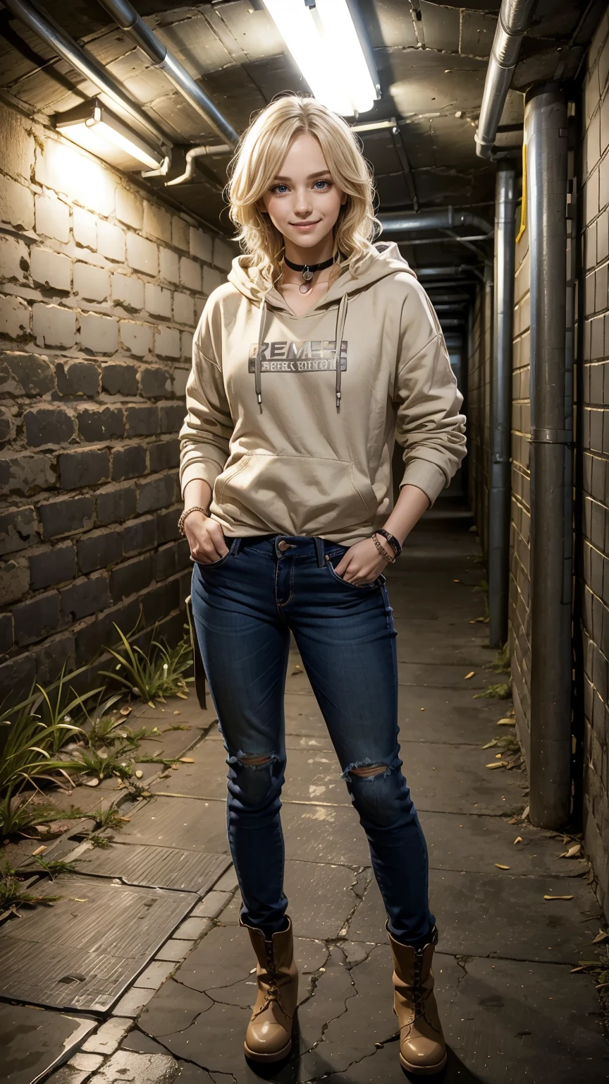 25-year-old Caucasian woman、platinum blonde、blue eyes、semi-long、my hair is wavy、Hair is tied up、accessories on the wrist、wearing a choker、smile、Tall and slender, with a well-proportioned, slender, muscular body、I don't want my head to disappear from the screen.、Wearing a hoodie and covering the hood、He is wearing skinny jeans and has his hands in his pockets.、smile、I'm wearing short boots、I'm in an underground passage with exposed concrete at night.