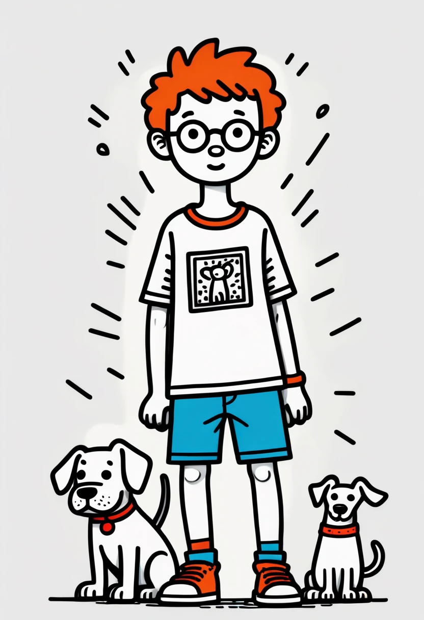 cute cartoon ???(boy)and the dog,full body, doodle in the style of Keith Haring,sharpie illustration, bold lines and solid colors, simple details, minimalist