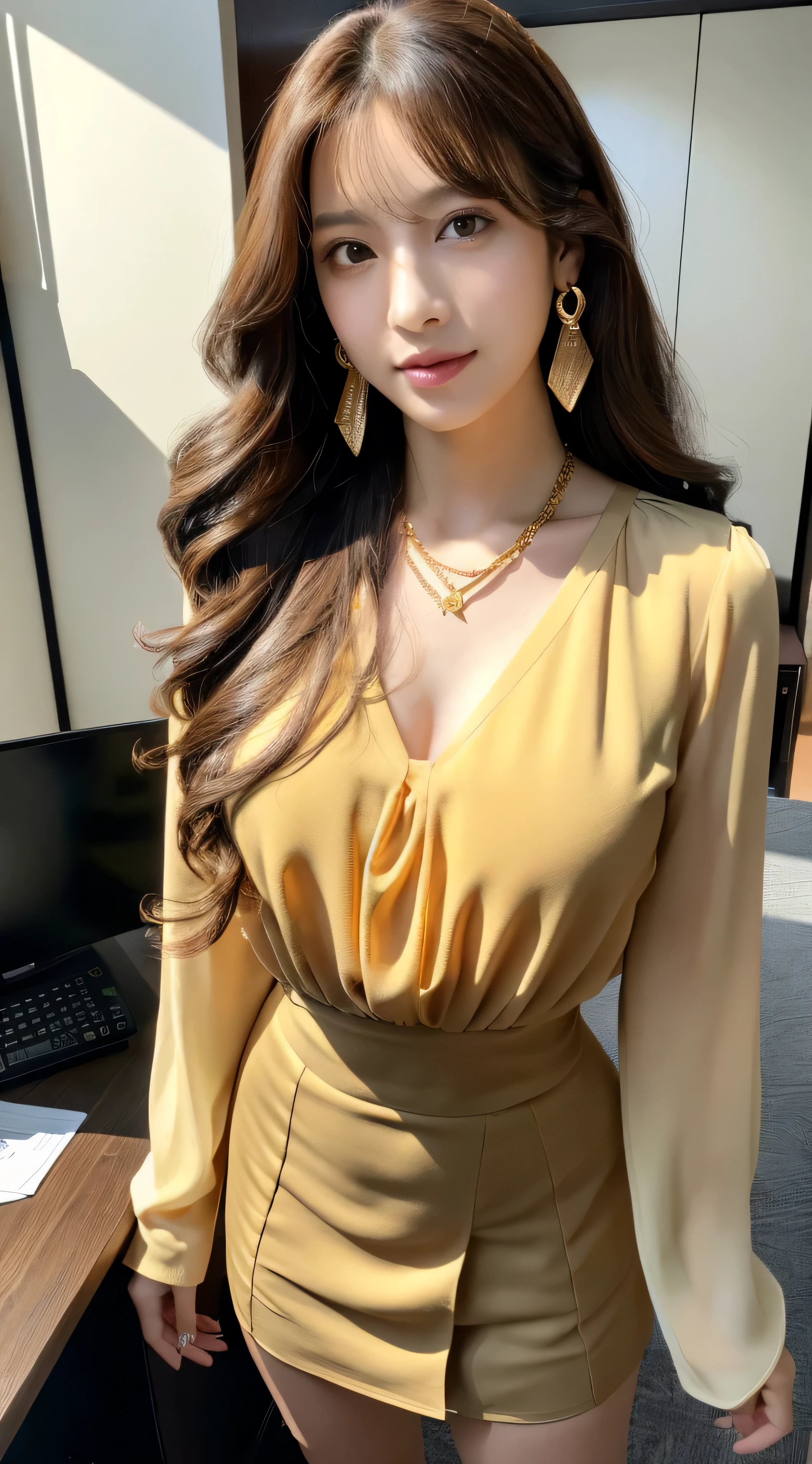 lzzang -6500-v1.1、(Raw photo:1.2)、(フォトreal)、beautiful details、(real:1.4)、big breasts、big breasts、ighly detailedな目と顔、beautiful detailed eyes、standing in the office、(Black ribbon blouse、long sleeve、ultra thin、nipple、White pleated mini skirt:1.2)、(超realなパンスト、high heels)、huge file size、High resolution、very detailed、highest quality、[masterpiece:1.6]、illustration、ighly detailed、nffsw、finely detailed、highest quality、8k wallpaper、cinematography lighting、1 milf、43 years old、 perfect body shape、cute droopy eyes、beautiful eyes、Pieckfinger、((masutepiece))、highest quality、1 milf、eye shadow、Portrait、((full body shot:1.4))、((Super long brown hair:1.4))、(loosely wavy hair:1.3))、((very bright:1.3))、((gold necklace_big earrings:1.2))