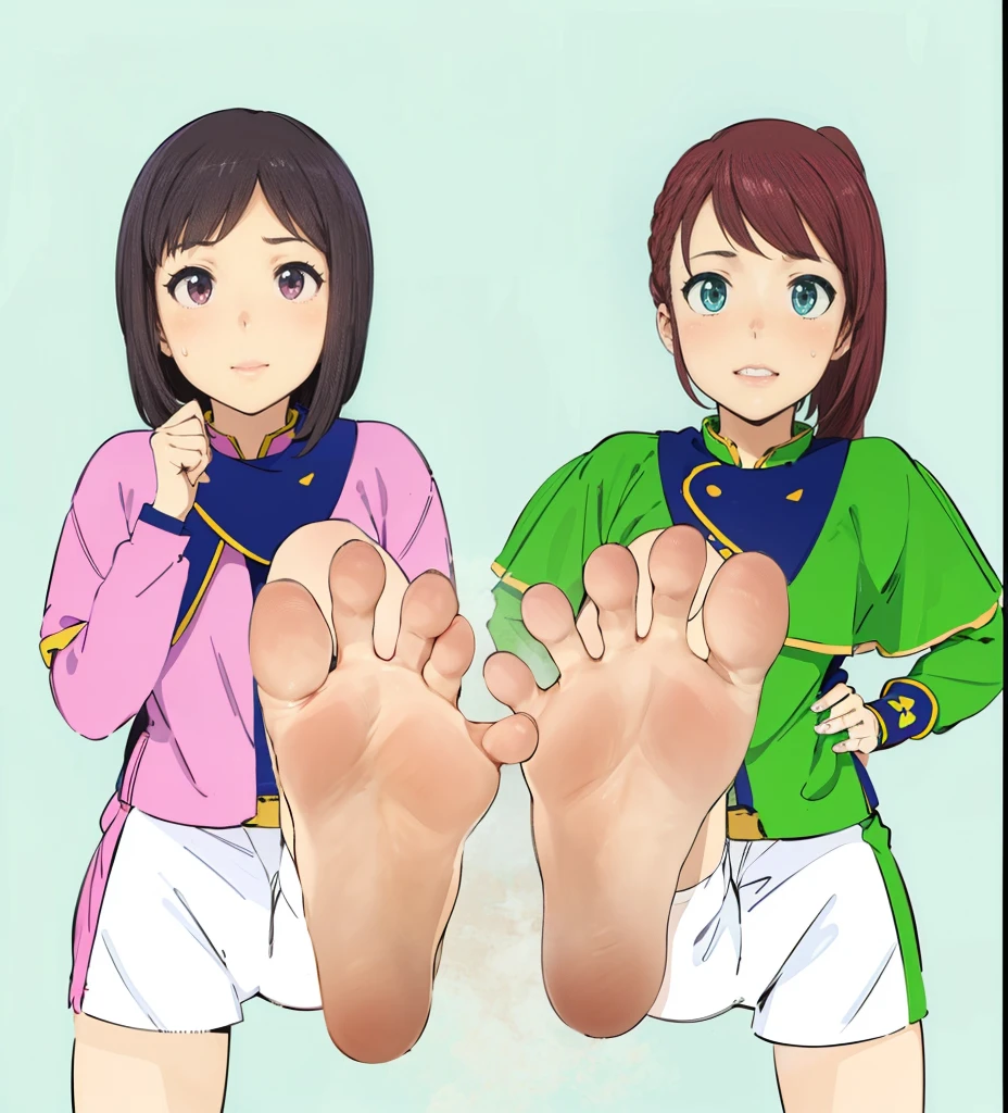 Anime girl sitting on a chair with big feet and pink shirt, giant art, foot art subjective, Detailed foot pov, big feet, foot pose, Tifa, foot art, !!very detailed!!, Slender legs towering over you, naughty anime style, high sole, high resolution fees、barefoot、Sole、sweaty feet, Kiramei Pink, Mashin Sentai Kiramager, Soleの拡大図，Soleを露出させる,Sena Hayamizu, 2 girls