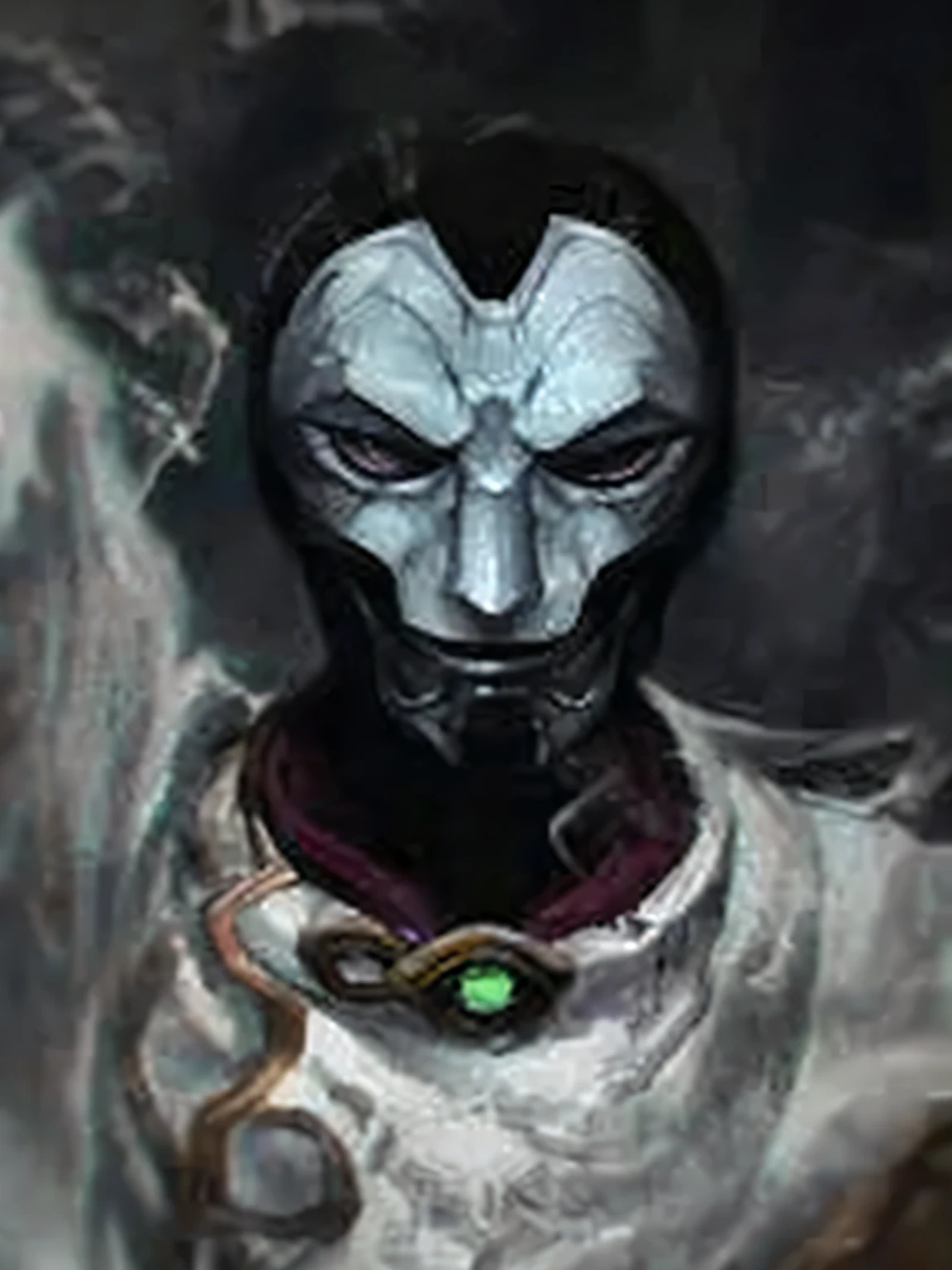 Close-up of a person wearing a mask on a dark background, omen from value, Lolth, like, Genji, league of legends, Ilithid, avatar image,  league of legendsのジン, 8K)), sage ( value ), Ominous appearance, Discord profile picture