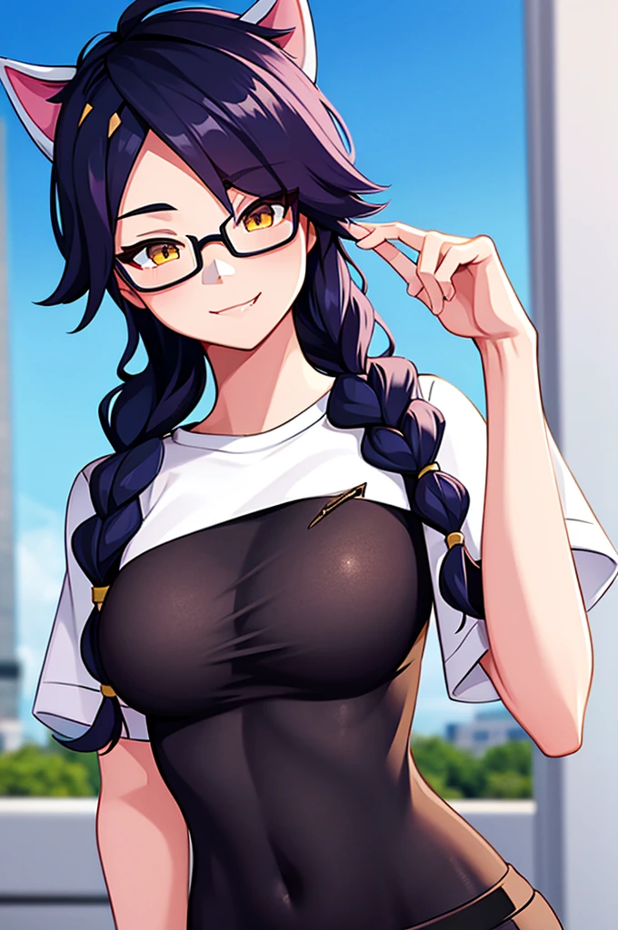 Erisa, 1girl, solo, long hair, looking at viewer, black hair, bandaid on face, yellow eyes, animal ears, smile, bandaid on nose, braid, cat ears, bandaid, bangs, breasts, fake animal ears, simple background, fang, , bare shoulders, scar, teeth, shirt, tight shirt, bare shoulders, white shirt, short sleeves, closed mouth, t-shirt, hair over one eye, night city view, portrait, hair over shoulder, shorts, skin tight shirt, glasses, seductive, realistic, best quality, masterpiece, ultra detail, ultra high res, extreme detail, 8k