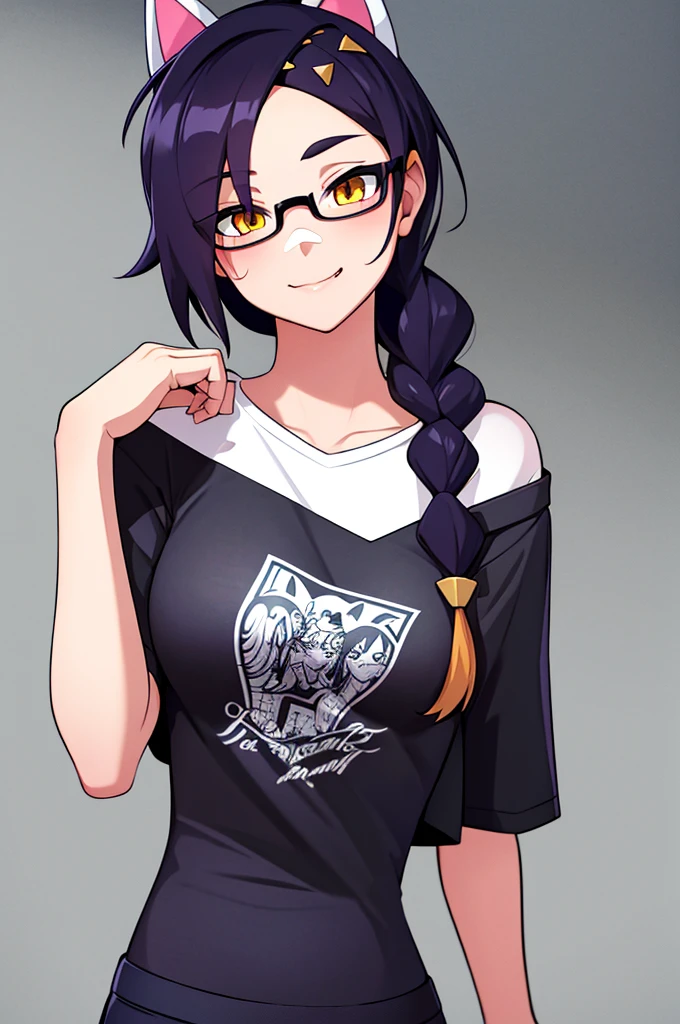 Erisa, 1girl, solo, long hair, looking at viewer, black hair, bandaid on face, yellow eyes, animal ears, smile, bandaid on nose, braid, cat ears, bandaid, bangs, breasts, fake animal ears, simple background, fang, , bare shoulders, scar, teeth, shirt, tight shirt, bare shoulders, white shirt, short sleeves, closed mouth, t-shirt, hair over one eye, night city view, portrait, hair over shoulder, shorts, skin tight shirt, glasses, seductive, realistic, best quality, masterpiece, ultra detail, ultra high res, extreme detail, 8k