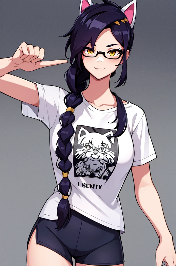 Erisa, 1girl, solo, long hair, looking at viewer, black hair, bandaid on face, yellow eyes, animal ears, smile, bandaid on nose, braid, cat ears, bandaid, bangs, breasts, fake animal ears, simple background, fang, , bare shoulders, scar, teeth, shirt, tight shirt, bare shoulders, white shirt, short sleeves, closed mouth, t-shirt, hair over one eye, night city view, portrait, hair over shoulder, shorts, skin tight shirt, glasses, seductive, realistic, best quality, masterpiece, ultra detail, ultra high res, extreme detail, 8k